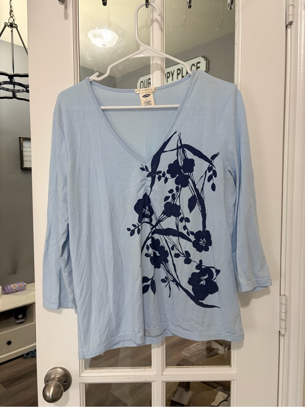Old Navy Light Blue V-Neck Long Sleeve Tee with Navy Floral Print